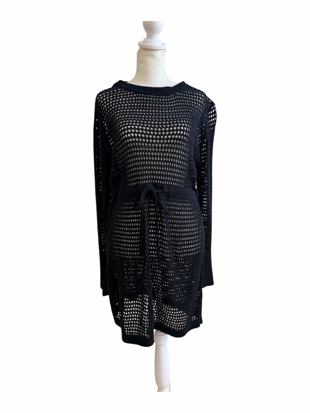Black Crochet Open-Knit Tie-Waist Beach Cover Up Dress Size L NWOT